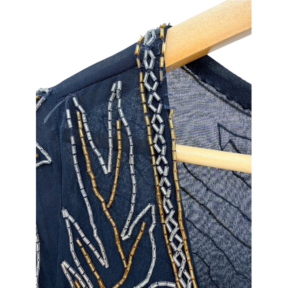 Haute Hippie Silk Beaded Tunic Top Womens M Navy Gold Paisley Mini Dress Flawed - Picture 4 of 12